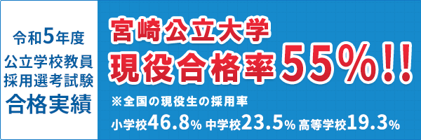令和5年度実績 宮崎公立大学現役合格率55％!!※全国の現役生の採用率 小学校46.8% 中学校23.5% 高等学校19.1%